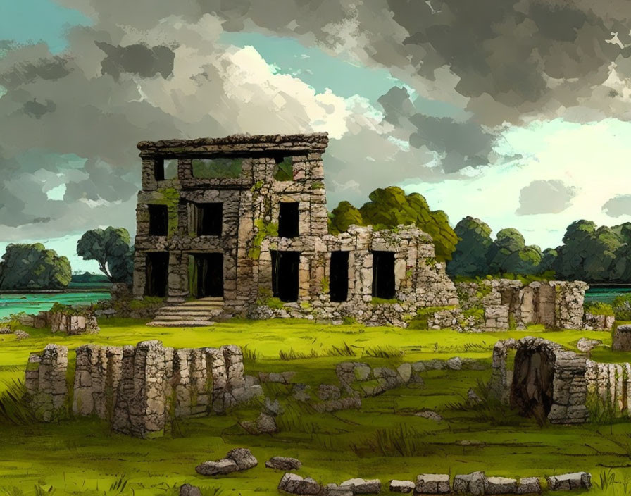 Crumbling ancient ruins surrounded by lush trees and stormy sky