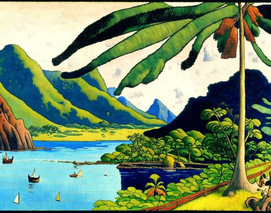 Colorful Tropical Landscape Painting with River, Boats, Greenery, Mountains, and Banana Leaf