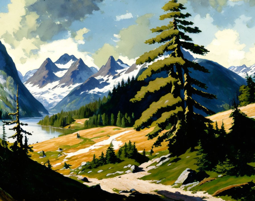 Scenic mountain landscape with lush greenery, pine trees, lake, and snow-capped peaks