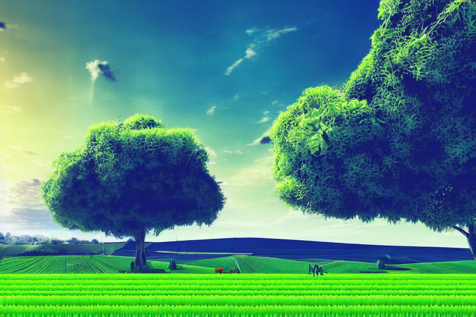Vibrant green landscape with colorful fields and dense trees