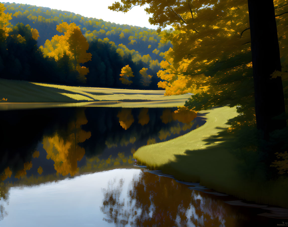 Vibrant fall trees reflected in calm lake under sunlight