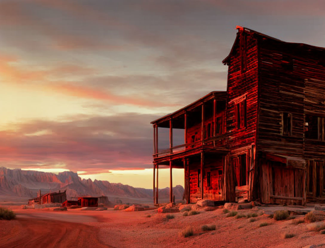 Rustic wooden building with balcony in desert sunset scene