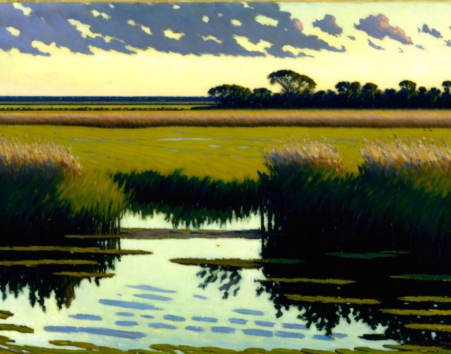 Serene marshland painting with reflective water and vibrant sunset sky