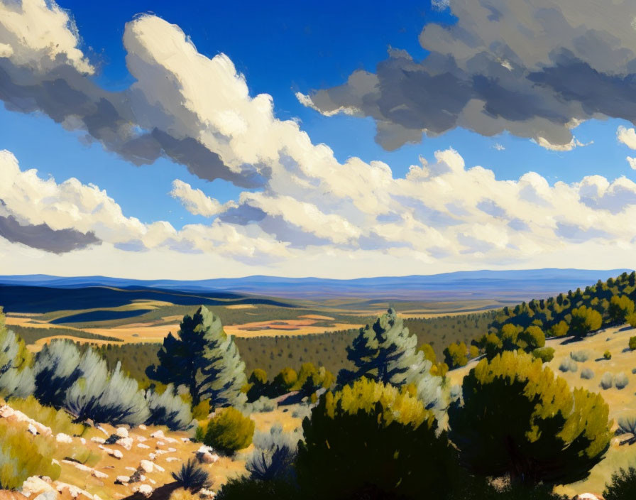 Dynamic Sky and Rolling Hills Landscape Painting with Conifers - Vibrant and Serene Nature Scene