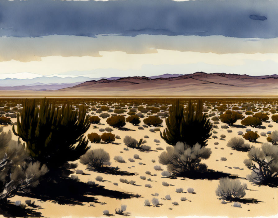 Desert landscape with bushes, sandy terrain, and mountain ranges under cloudy sky