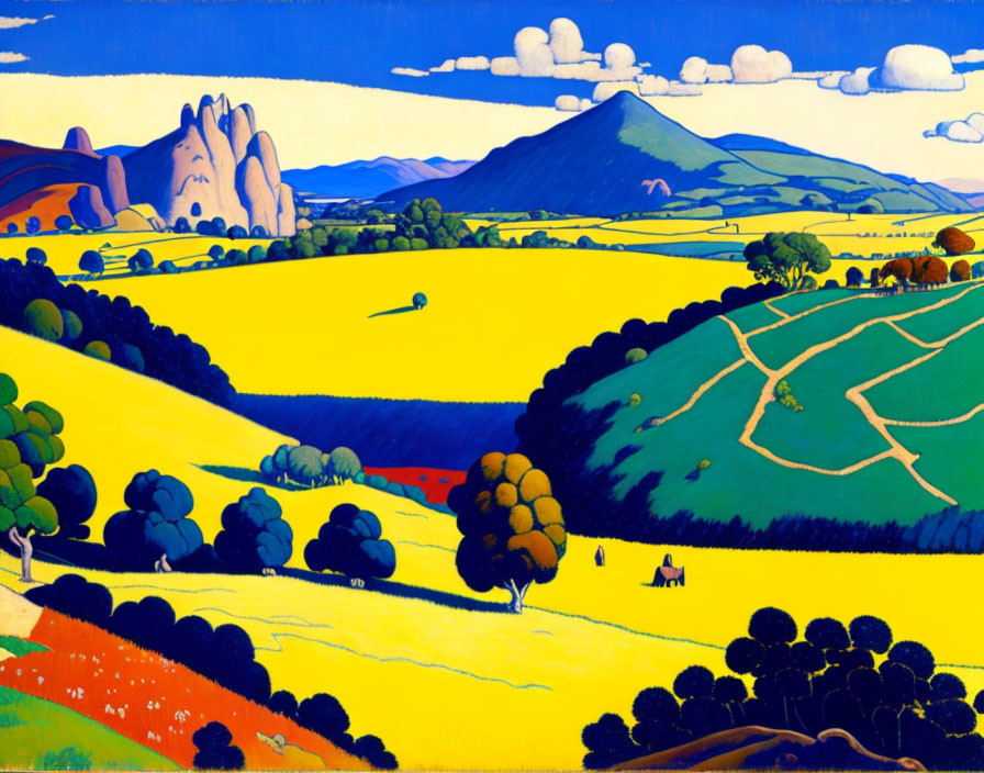 Colorful landscape with rolling hills, trees, and mountains under a blue sky