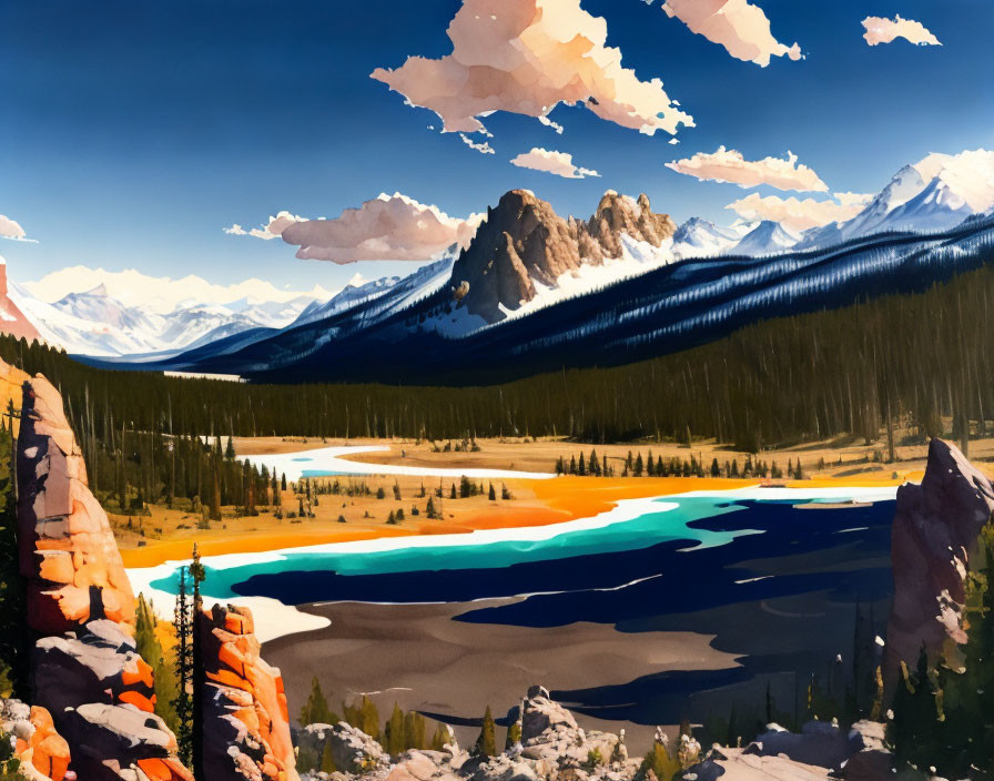 Colorful Mountain Landscape with Turquoise Lake and Forests