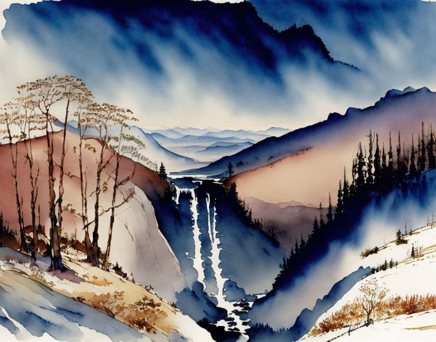 Snowy Mountain Landscape Watercolor Painting with River and Blue Skies