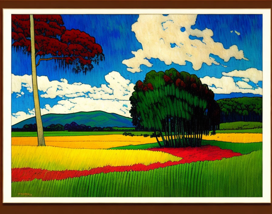 Colorful landscape painting with blue sky, green trees, red foliage, and yellow fields.