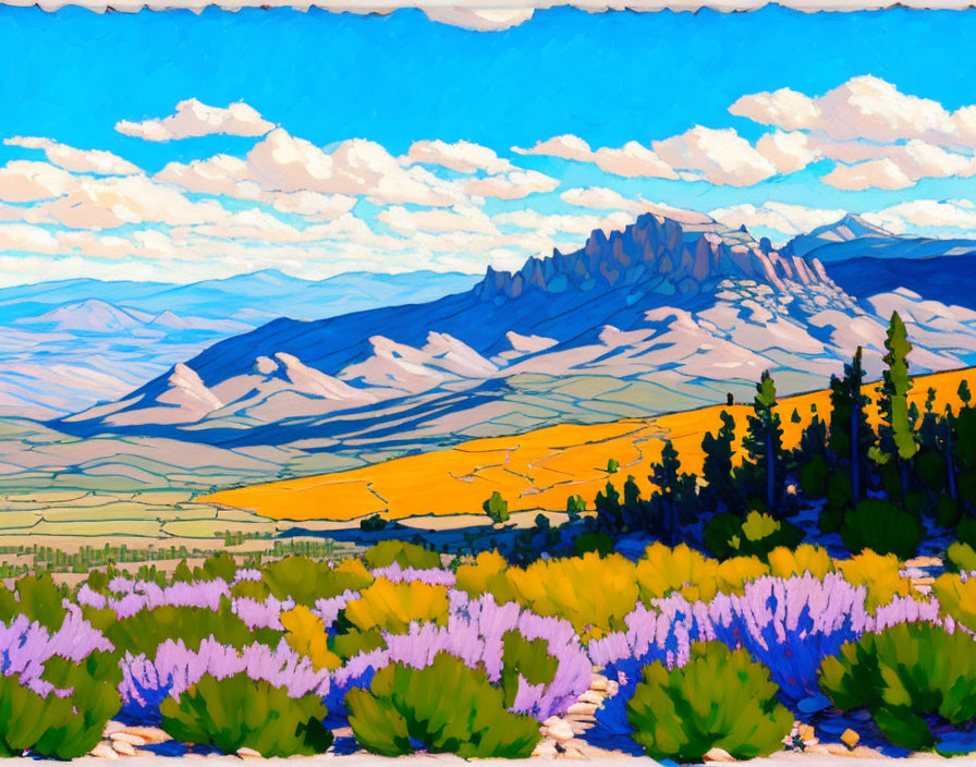 Mountain landscape painting with purple flowers and greenery.