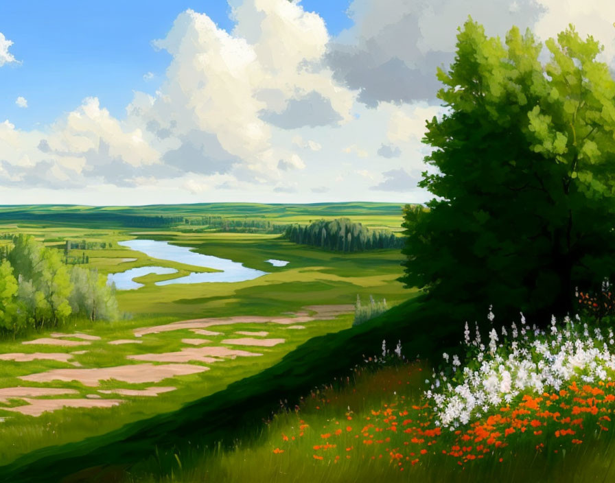 Tranquil landscape painting of lush green countryside