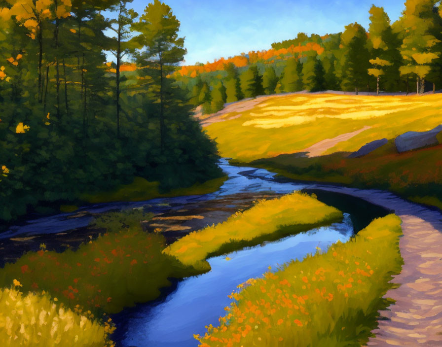 Tranquil landscape with river, wildflowers, autumn trees, and golden meadow