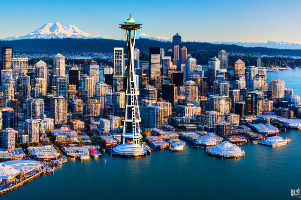 Seattle skyline with Space Needle, high-rises, and Mount Rainier.