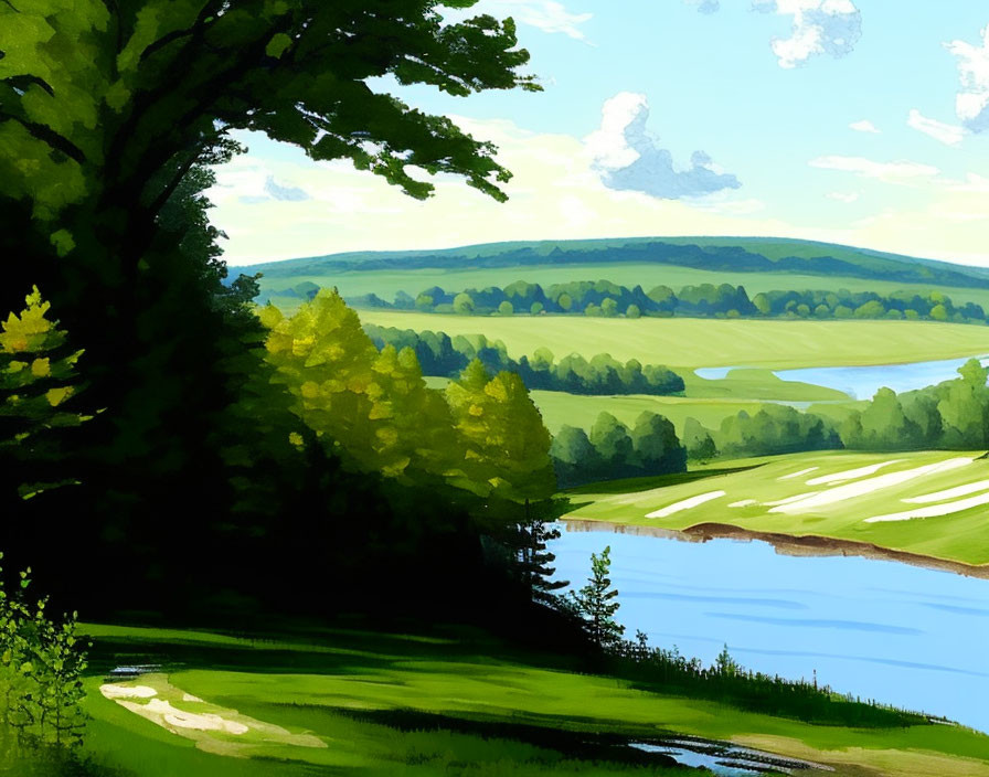 Serene countryside scene with green trees, river, hills, and clouds