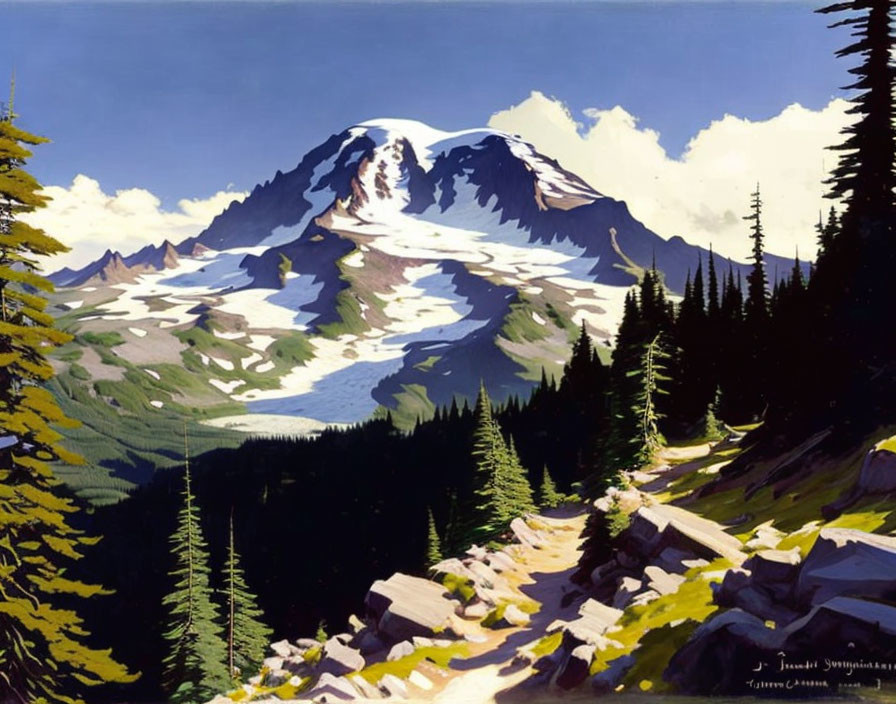 Scenic painting of snow-capped mountain in forest landscape