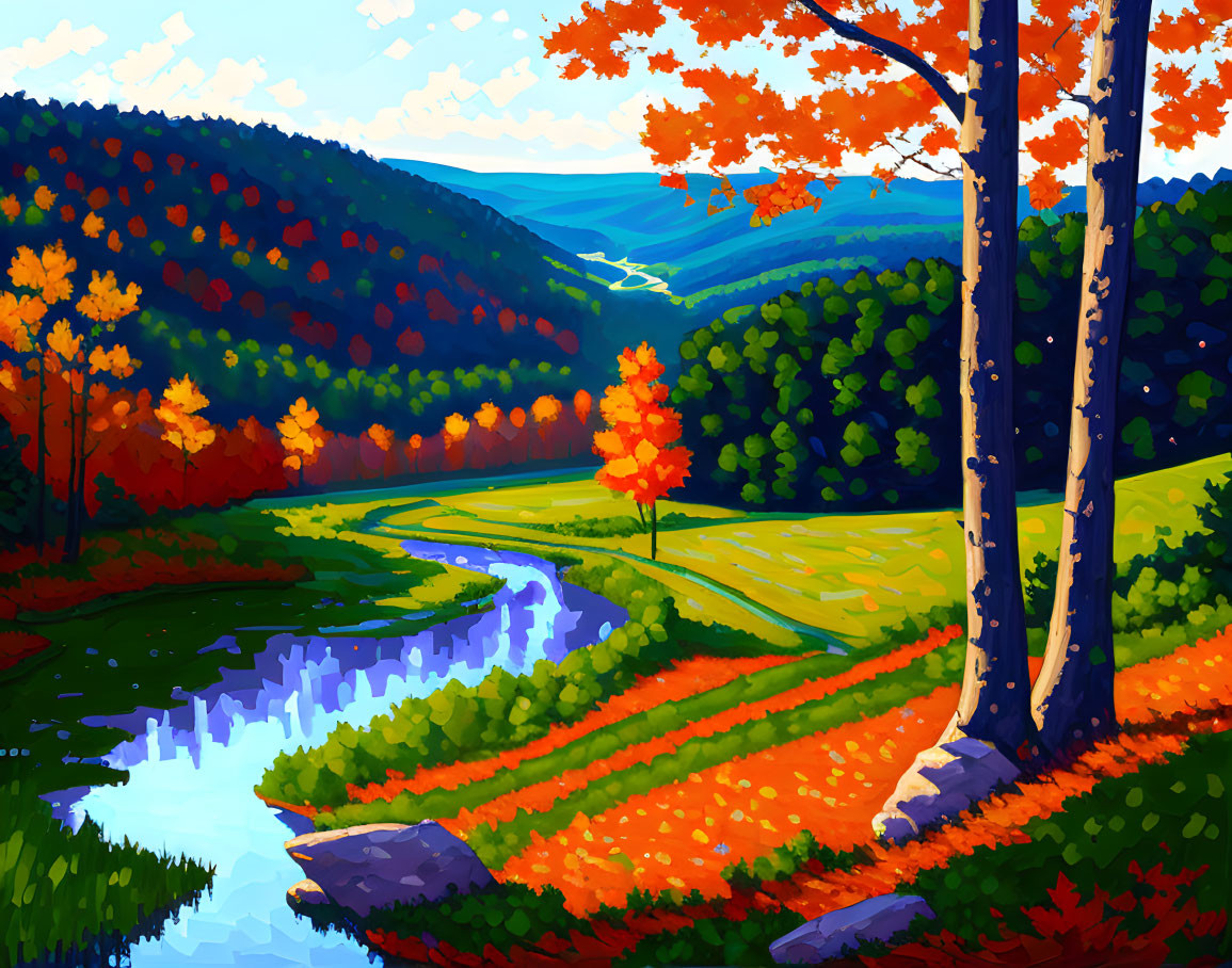 Colorful autumn forest landscape with winding river