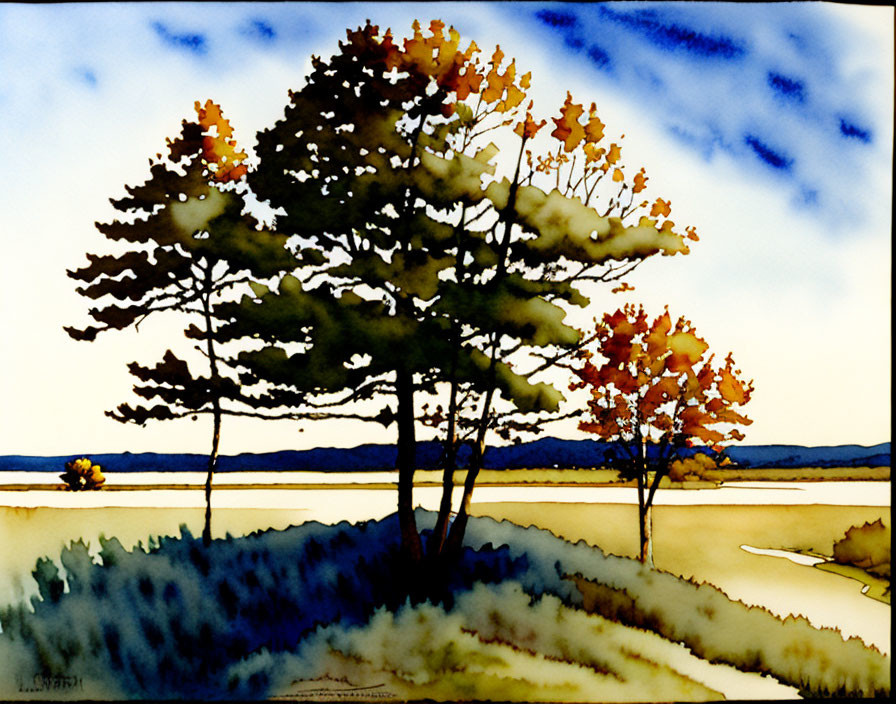 Autumn Trees Watercolor Painting of Serene Lake Landscape