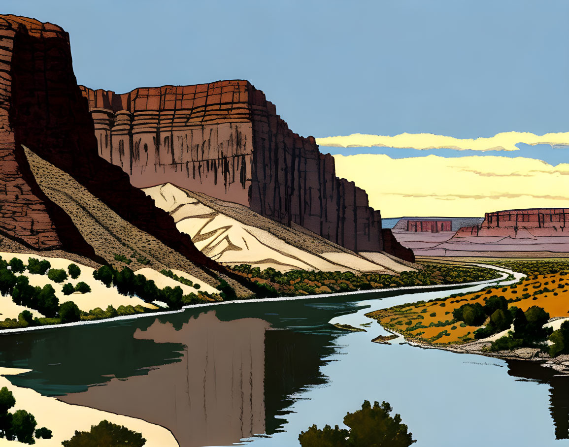 Illustrated landscape: winding river, lush banks, red rock cliffs, clear blue sky