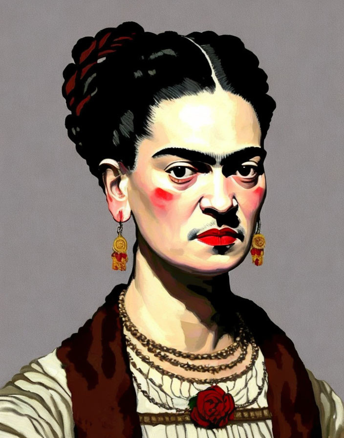 Portrait of a woman with unibrow, red earrings, rose in hair, white blouse, brown