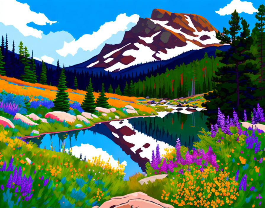 Colorful landscape with lake, wildflowers, pine trees, and snow-capped mountain