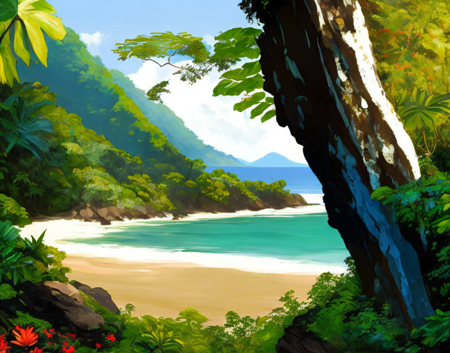 Tropical Beach with Clear Blue Waters and Green Foliage