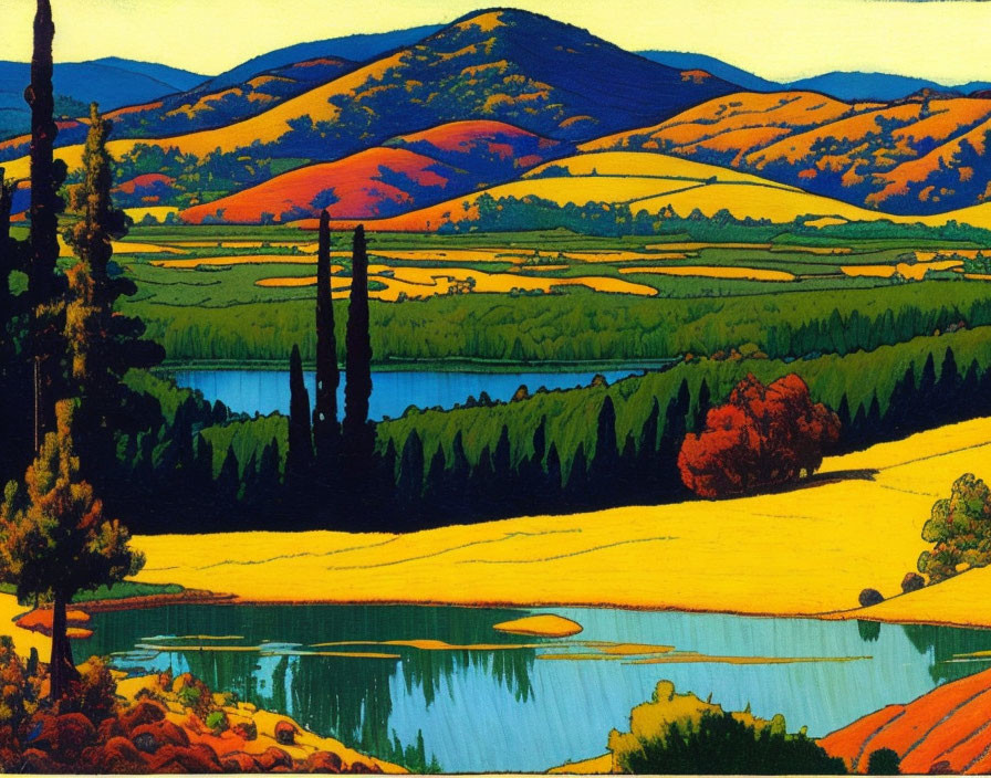 Colorful landscape with rolling hills, lake, and tall trees