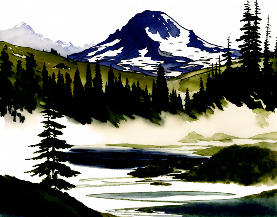 Mountain landscape watercolor painting with snow, pine trees, and river in misty scenery