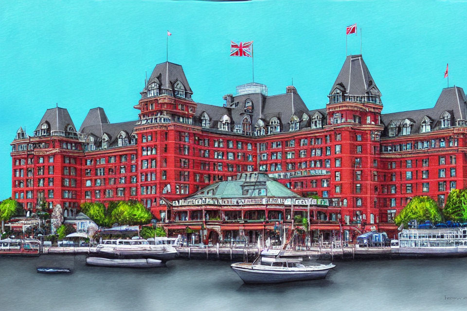 Historic Fairmont Empress Hotel with British flag by calm waterfront