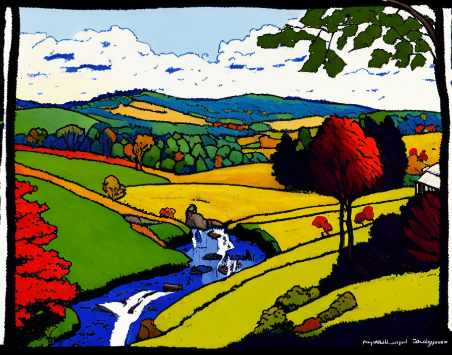 Vibrant landscape painting with rolling hills, autumn trees, river, and white house