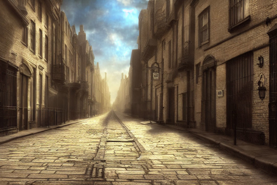 Deserted cobblestone street with old buildings and tram tracks at dawn