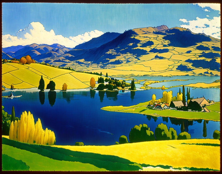 Scenic landscape with blue lake, yellow fields, trees, houses, and mountains