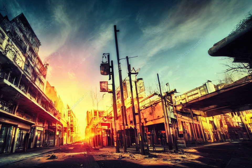 Post-apocalyptic cityscape with abandoned buildings and intense sunlight at sunset