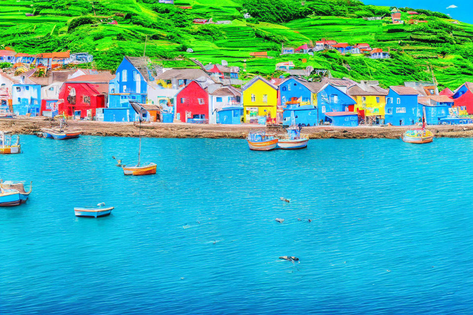 Vibrant waterfront houses, boats on calm bay, green hill, partly cloudy sky