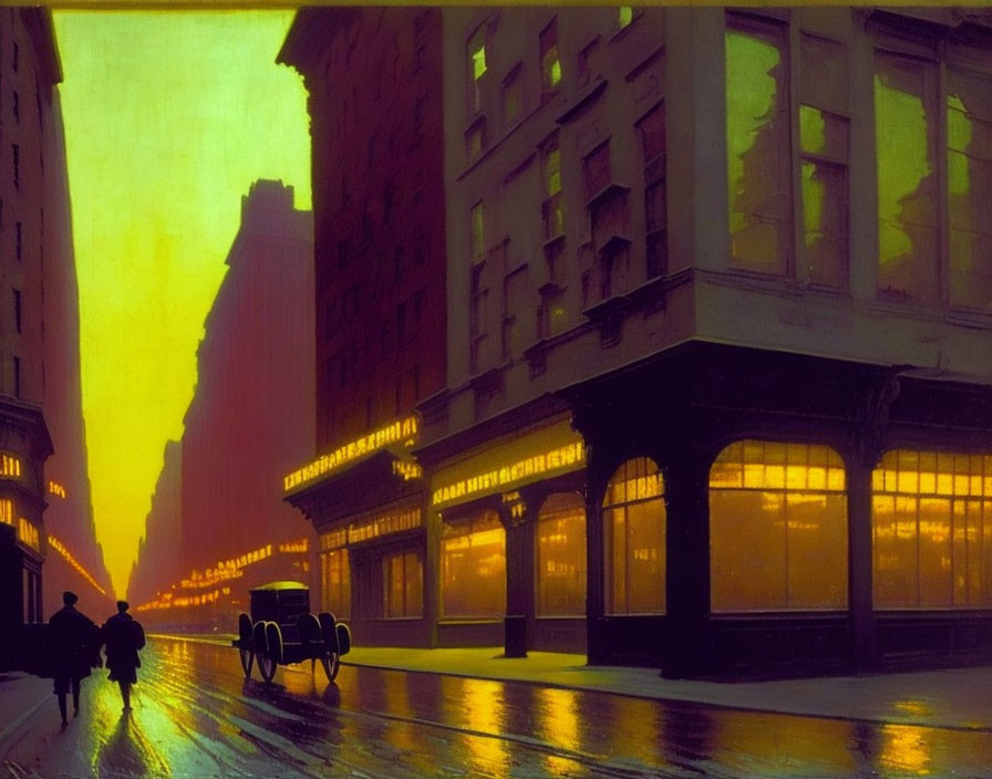Early 20th-Century City Street Painting with Vintage Cars and Striking Sunset Sky
