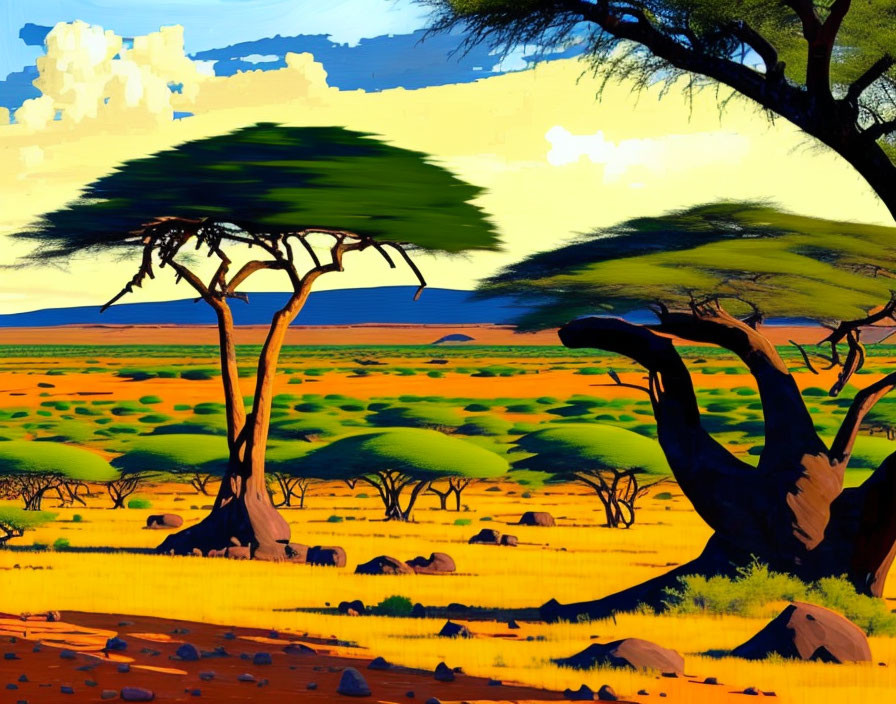 Colorful Savanna Landscape with Acacia Trees and Blue Sky