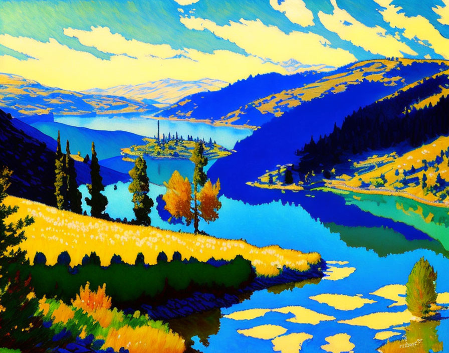 Scenic landscape with river, golden hills, trees, and blue sky
