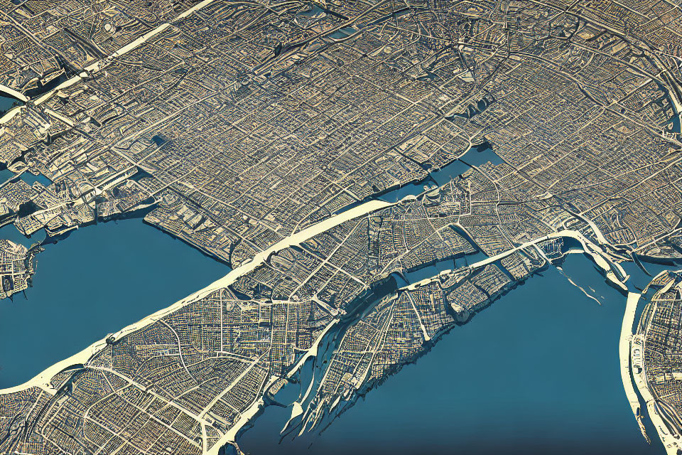 Dense Urban Area with Grid Streets and River Bridges