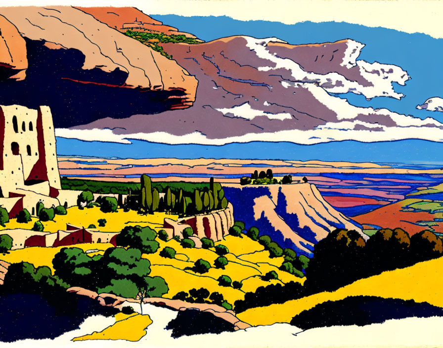 Colorful Stylized Landscape with Rock Formation, Trees, Tower, Fields, and Vibrant Sky