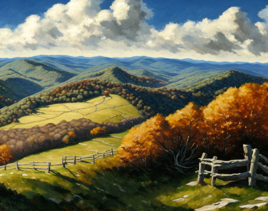 Autumn trees on rolling hills with wooden fence and fluffy clouds in vibrant landscape