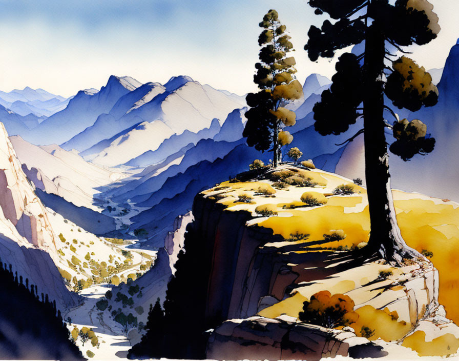 Mountainous Landscape Watercolor Painting with Cliffs, Pine Trees, and River