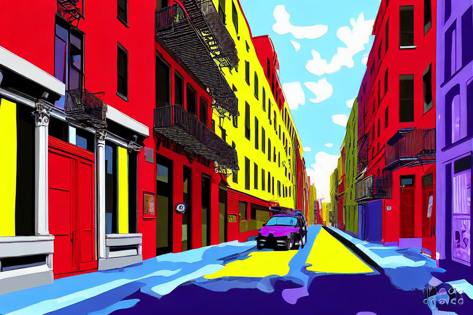 Colorful urban street illustration with red and yellow buildings, blue sky, clouds, and police car.