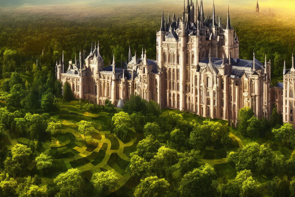 Majestic fantasy castle in lush green forest with garden mazes