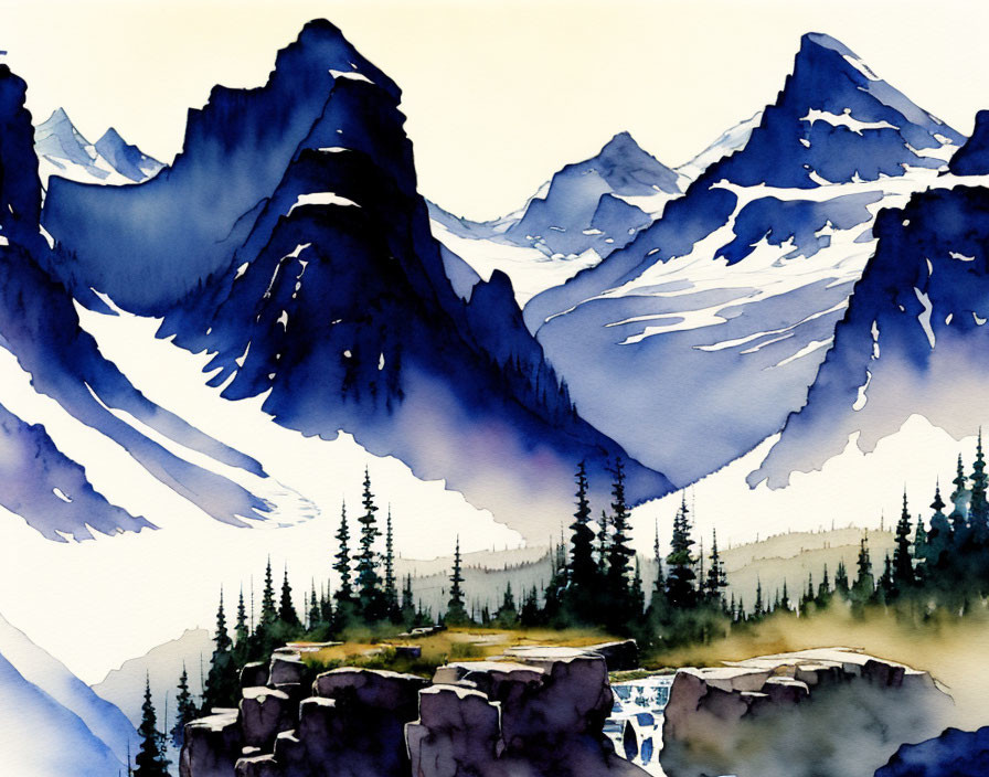 Mountain landscape watercolor painting with snow-capped peaks, pine trees, and waterfall