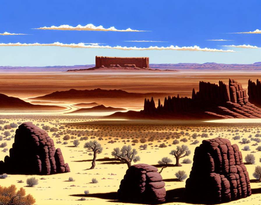 Colorful desert landscape with unique rock formations and vegetation under blue sky