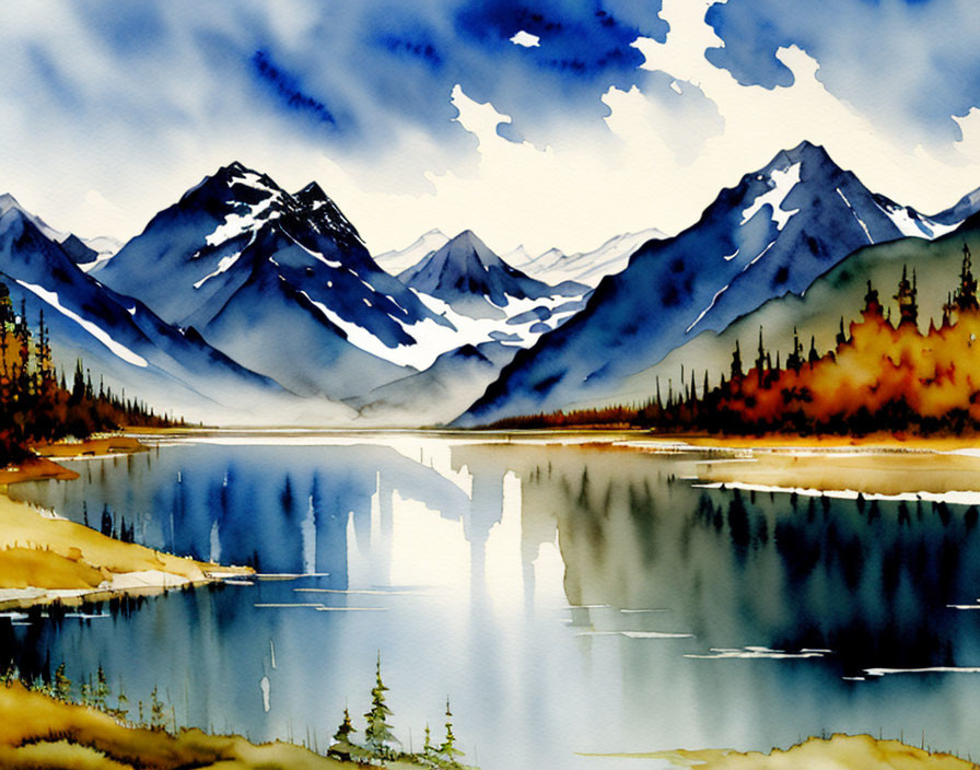 Serene mountain landscape with reflective lake in vibrant watercolor