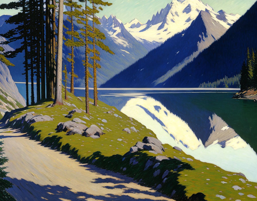 Serene mountainous landscape with lake, trees, snow, and shadows
