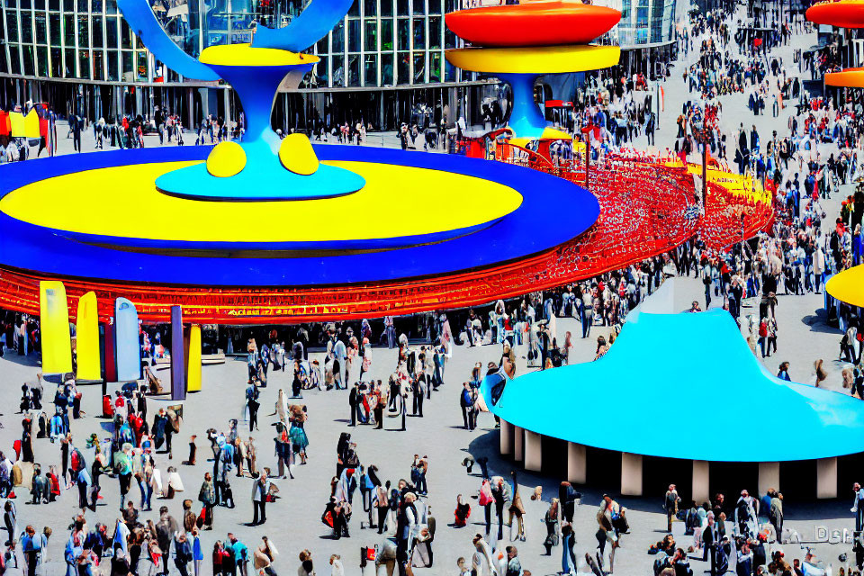 Vibrant abstract art installation in busy public square