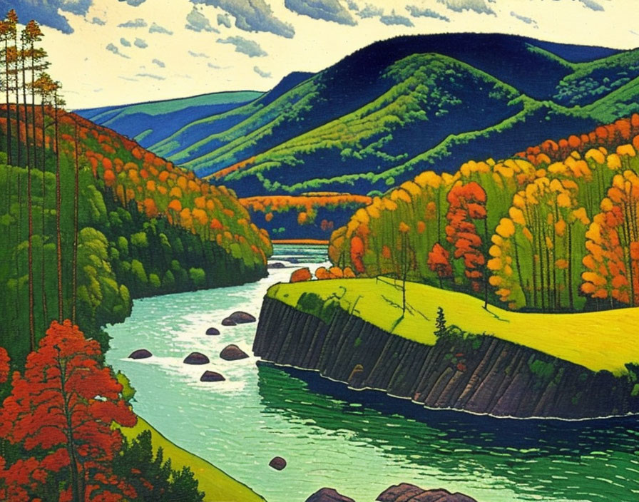 Colorful Autumn Landscape with River and Rolling Hills
