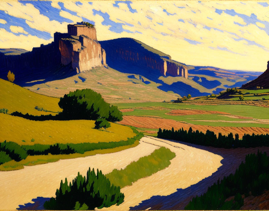 Colorful landscape painting: castle on cliff, river, rolling hills & vegetation