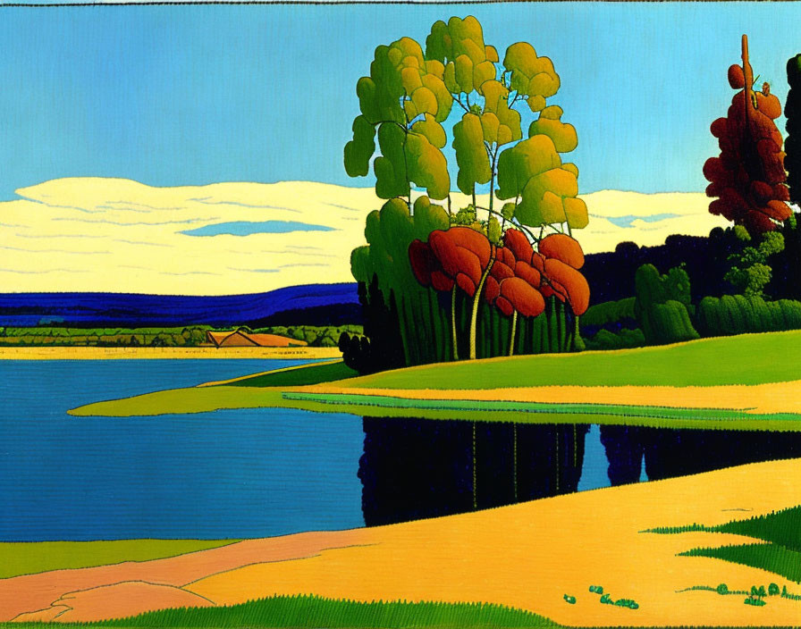Colorful Landscape Painting: Trees, River, Sky, Hills